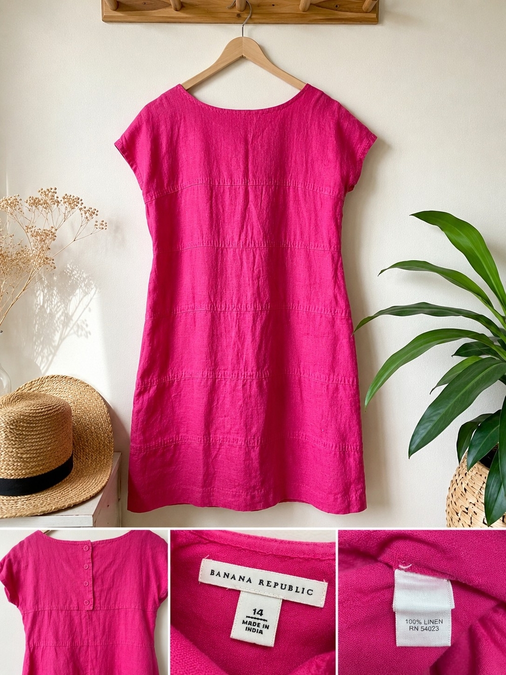 Banana Republic 100% Linen Pink Shift Dress Size 14 Cap Sleeve Summer Dress